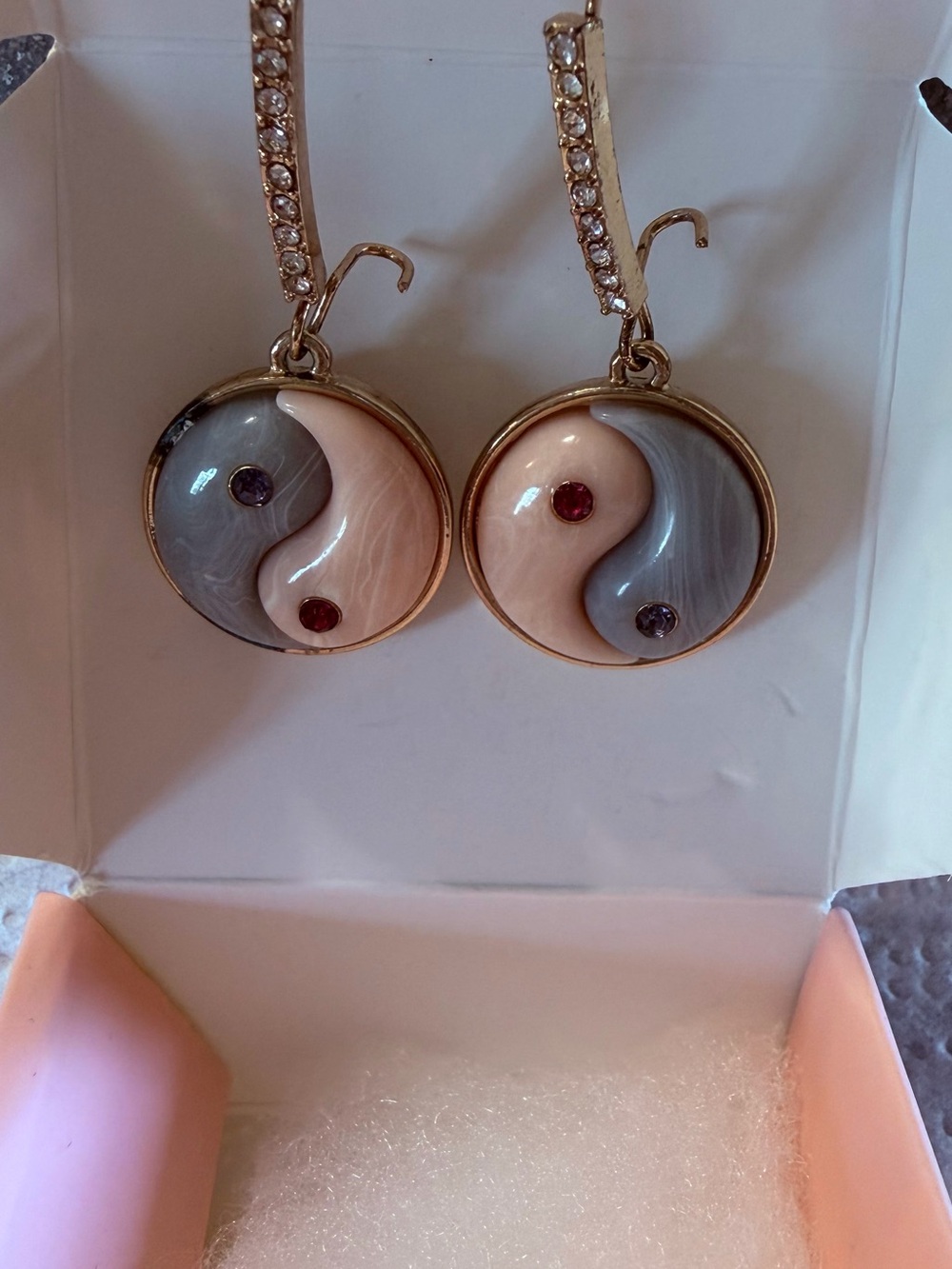 Yin Yang Drop Earrings in Pink and Gray with crystals